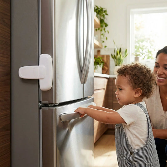 Bloque porte bebe système deux pièces avec adhésif 3M pour sécuriser réfrigérateur et placards sans perçage ni outils