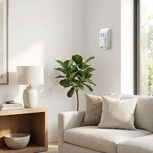 Détecteur de mouvement intérieur WiFi blanc compact capteur PIR infrarouge 110° portée 12m immunité animale 25kg compatible Tuya Smart Life alertes smartphone sécurité maison connectée