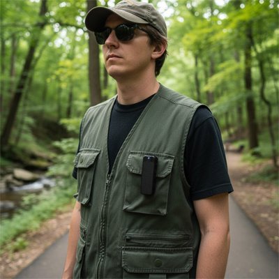 caméra de chasse accrocher a la poche de chemise  d un homme