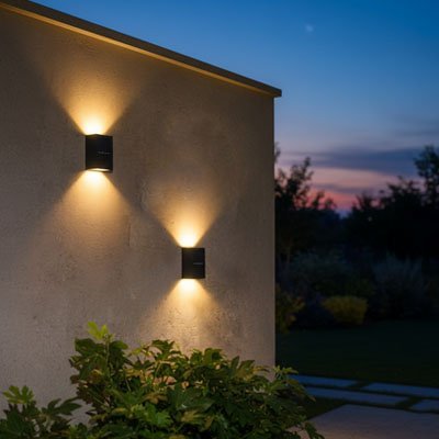 éclairage extérieur solaire puissant avec de la lumière vers le haut et le bas en avant d'un chemin et de plante deux appliques murale de hauteur différente
