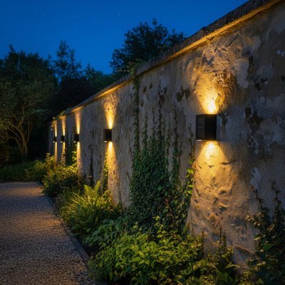 éclairage extérieur solaire puissant avec de la lumière vers le haut et le bas en avant d'un chemin et de plante