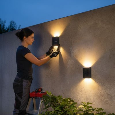 éclairage extérieur solaire puissant avec de la lumière vers le haut et le bas en avant et de plante deux appliques murale de hauteur différente avec une femme en avant de la lumière