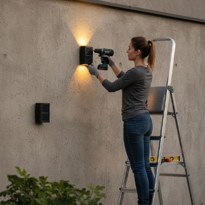 éclairage extérieur solaire puissant avec de la lumière vers le haut et le bas en avant et de plante deux appliques murale de hauteur différente avec une femme en avant de la lumière de l'autre sens